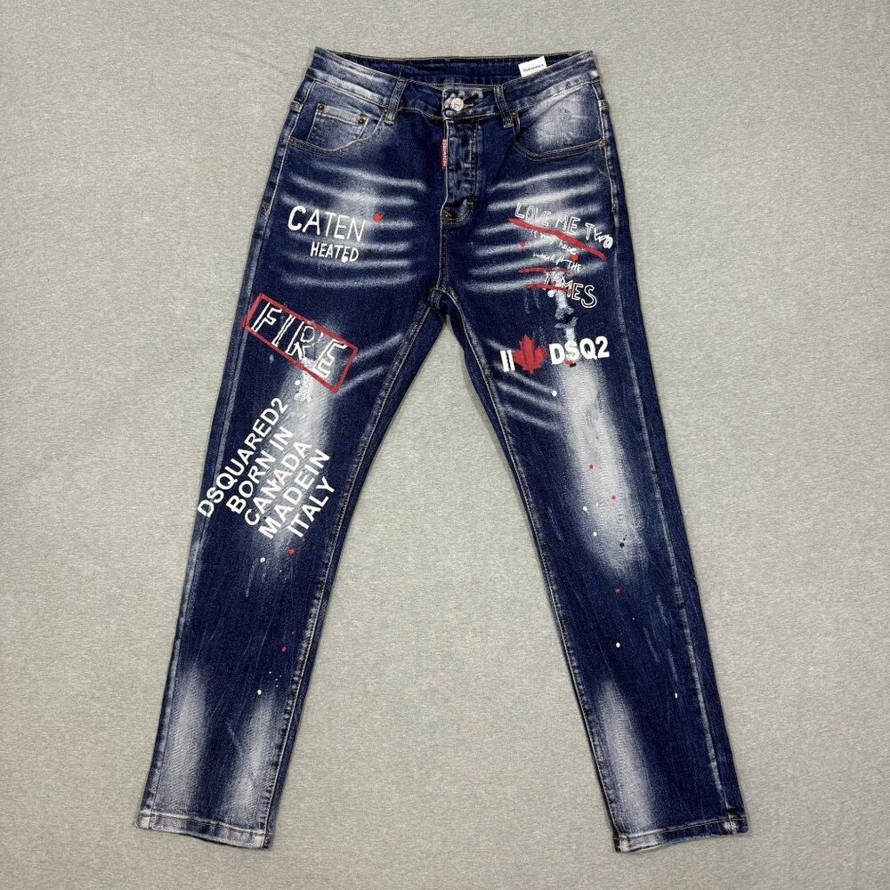 DSQUARED2 Icon All Over Print Jean Slim Distressed Paint Splatter Mens Sz 30X28 - Picture 1 of 9